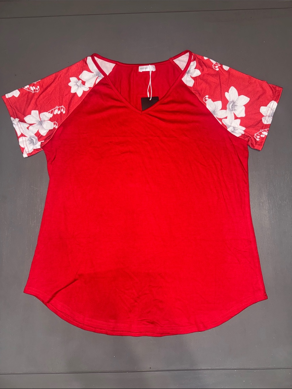 Women's Red V-Neck Tee with White Floral Raglan Sleeves